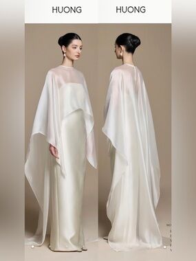 HUONG Ivory High Neck Cape Sleeve Column/Sheath Full-Length Dress Size S -Never